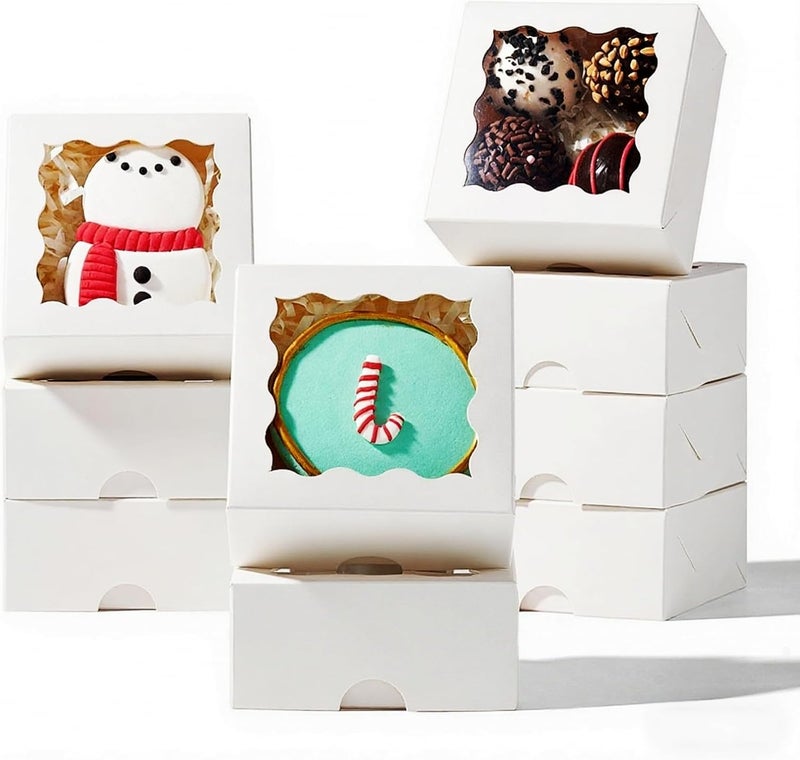 RomanticBaking 3.2" x 3.2" x 1.5" 100PCS Cookies, Soap, Chocolate Truffle, Donut, Macaron, Mini Bakery Boxes with Window - Image 1